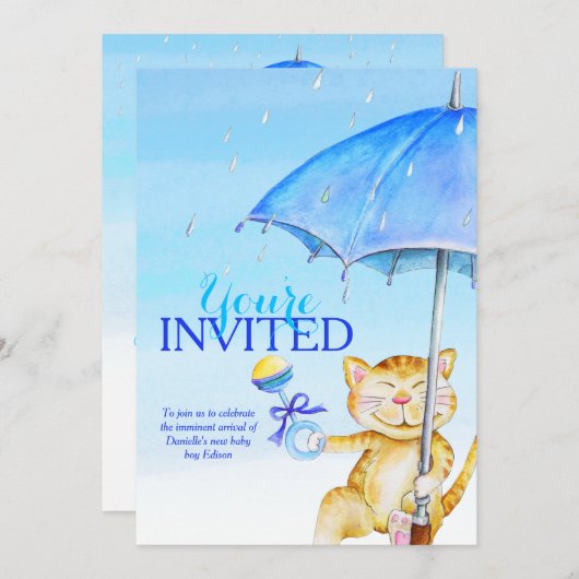 男の子のシャワー傘お洒落猫招待状 招待状 (正面/裏面)