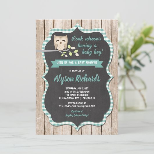 男の子のシャワー招待,フクロウの赤ちゃんシャワー 招待状 (スタンド正面)