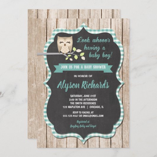男の子のシャワー招待,フクロウの赤ちゃんシャワー 招待状 (正面/裏面)