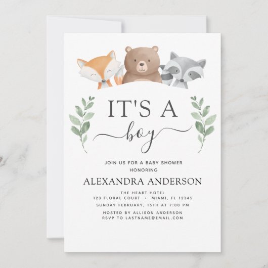 男の子のシャワー森の緑 招待状 (正面)