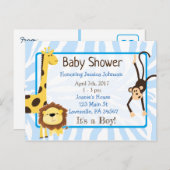 男の子のジャングルまたは動物園の動物をテーマにしたベビーシャワー インビテーションポストカード (正面/裏面)