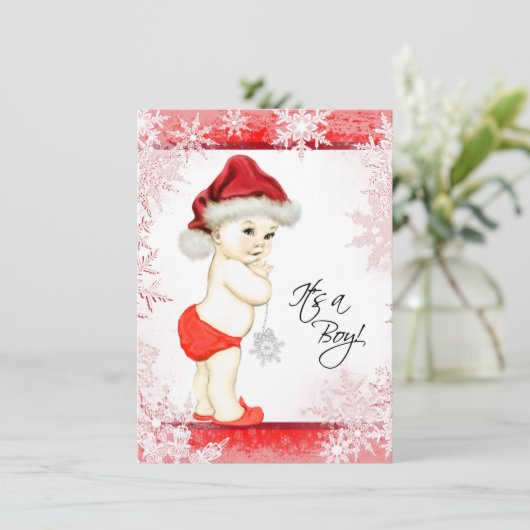 男の子のスノーフレークのクリスマスベビーシャワー 招待状 (スタンド正面)