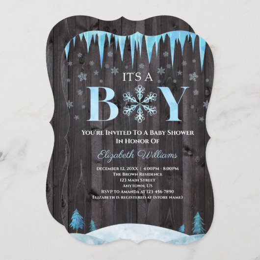 男の子のスノーフレークの木の冬の赤ちゃんシャワー 招待状 (正面/裏面)