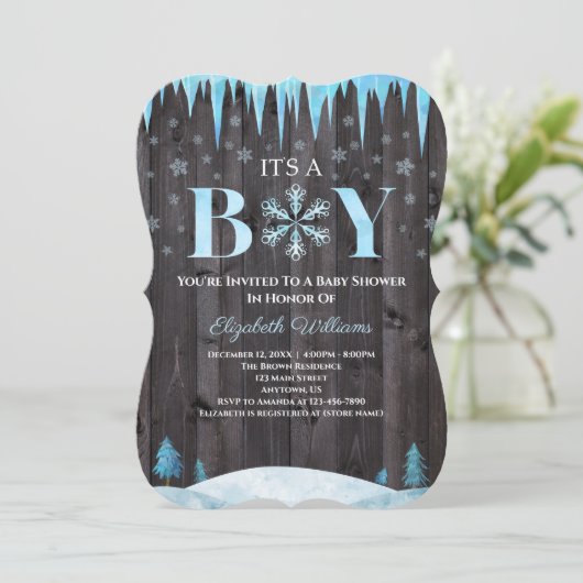 男の子のスノーフレークの木の冬の赤ちゃんシャワー 招待状 (スタンド正面)