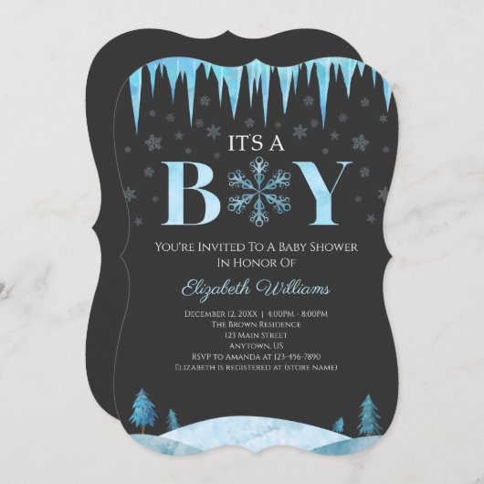 男の子のスノーフレーク冬の赤ちゃんシャワー 招待状 (正面/裏面)