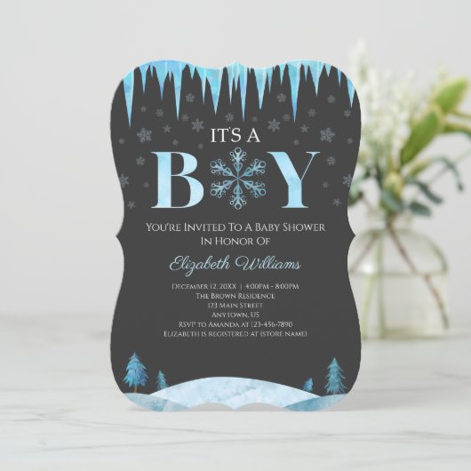 男の子のスノーフレーク冬の赤ちゃんシャワー 招待状 (スタンド正面)
