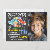 男の子のスリーポバーフォトゲームピザ誕生日 招待状 (正面)