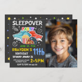 男の子のスリーポバーフォトゲームピザ誕生日 招待状 (正面/裏面)