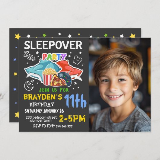 男の子のスリーポバーフォトゲームピザ誕生日 招待状 (正面/裏面)