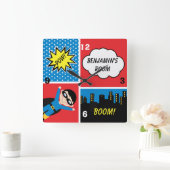 男の子のスーパーヒーローのパーソナライズな柱時計 スクエア壁時計 (ホーム)