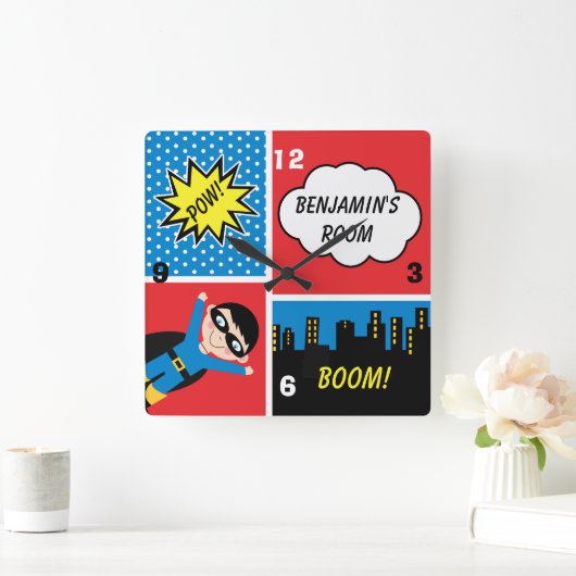 男の子のスーパーヒーローのパーソナライズな柱時計 スクエア壁時計 (ホーム)