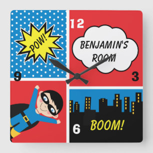 男の子のスーパーヒーローのパーソナライズな柱時計 スクエア壁時計