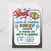 男の子のスーパーヒーローの第1誕生日の招待状 招待状 (正面)