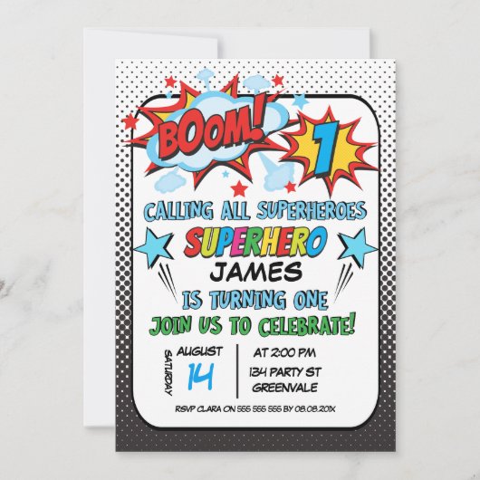 男の子のスーパーヒーローの第1誕生日の招待状 招待状 (正面)