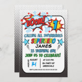 男の子のスーパーヒーローの第1誕生日の招待状 招待状 (正面/裏面)