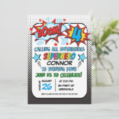 男の子のスーパーヒーローの第4誕生日の招待状 招待状 (スタンド正面)