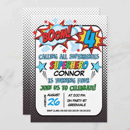 男の子のスーパーヒーローの第4誕生日の招待状 招待状 (正面/裏面)