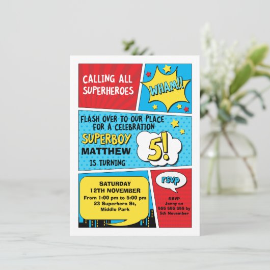 男の子のスーパーヒーローの第5誕生日の招待状 招待状 (スタンド正面)
