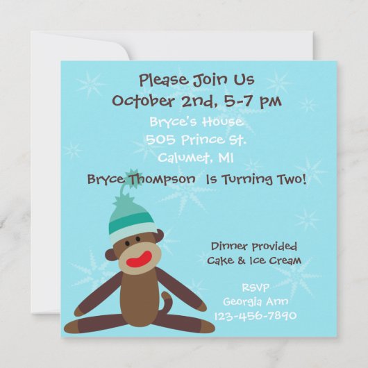 男の子のソックス猿の誕生日の招待状 招待状 (裏面)