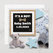 男の子のソーシャルメディア、フラットレイブルー妊娠 案内状 (正面/裏面)