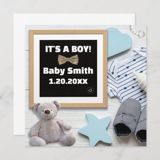 男の子のソーシャルメディア、フラットレイブルー妊娠 案内状 (正面/裏面)