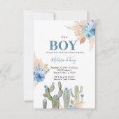 男の子のタコ愛ベイビーシャワー ブルー花 招待状 (正面)