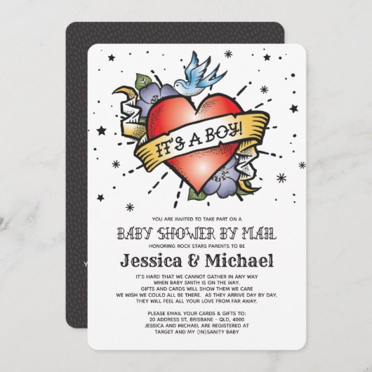 男の子のタトゥーハートの赤ちゃんシャワー 招待状 (正面/裏面)