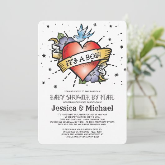 男の子のタトゥーハートの赤ちゃんシャワー 招待状 (スタンド正面)