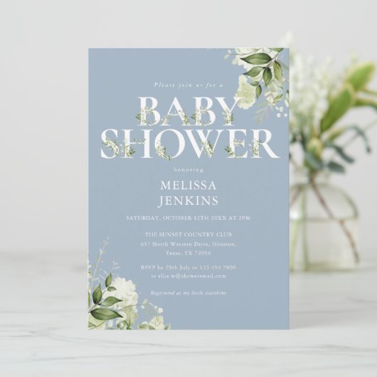 男の子のダスティーブルーグリーンフォリア写真ベイビーシャワー 招待状 (スタンド正面)