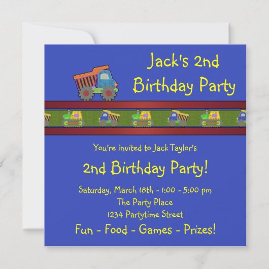 男の子のダンプトラックの誕生日パーティー 招待状 (正面)