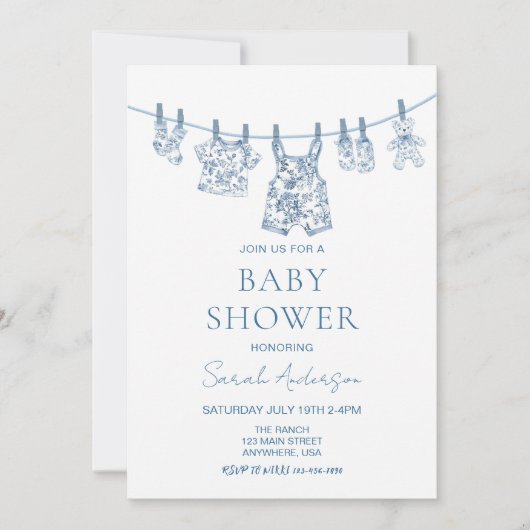 男の子のチノイスリートイレベビージャパン衣赤ちゃんシャワー 招待状 (正面)