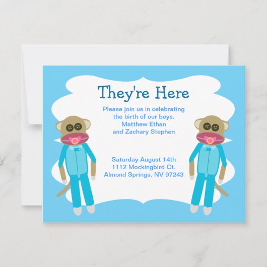 男の子のツインシャワーまたはアナウンス 招待状 (正面)