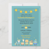 男の子のティール(緑がかった色)と黄色のサファリトレインベビーシャワー 招待状 (正面)