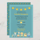 男の子のティール(緑がかった色)と黄色のサファリトレインベビーシャワー 招待状 (正面/裏面)