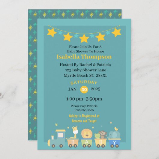 男の子のティール(緑がかった色)と黄色のサファリトレインベビーシャワー 招待状 (正面/裏面)