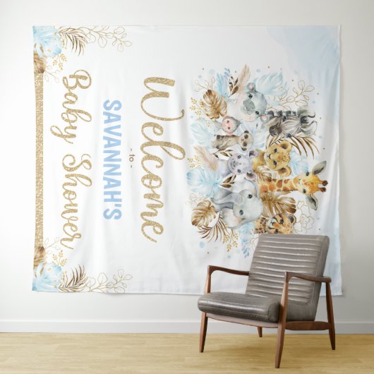 男の子のトロピカルサファリ動物ベビーシャワーウェルカム タペストリー (インサイチュ(横))