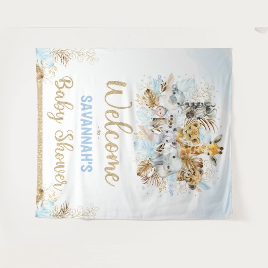 男の子のトロピカルサファリ動物ベビーシャワーウェルカム タペストリー (正面(横))