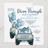 男の子のドライブスルー ベビーシャワー 青いカード 招待状 (正面/裏面)