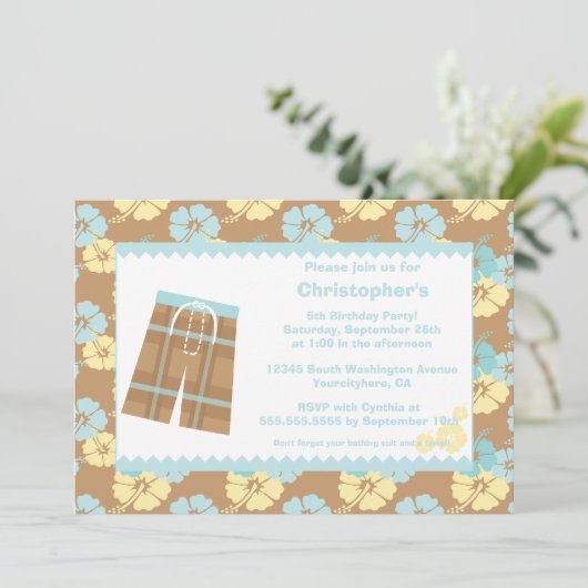 男の子のハイビスカスの水泳の誕生日のパーティの招待状 招待状 (スタンド正面)