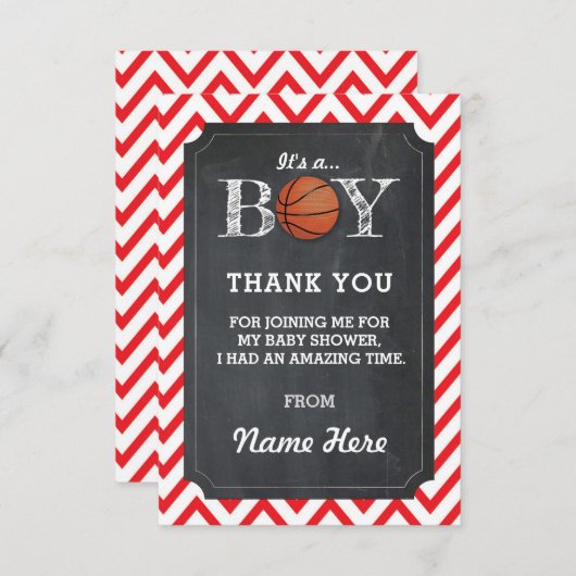 男の子のバスケットボールカードチョークの赤シェブロンありがとう 招待状 (正面/裏面)