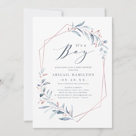 男の子のバラ金ゴールドブルー緑のベビーシャワー 招待状 (正面)