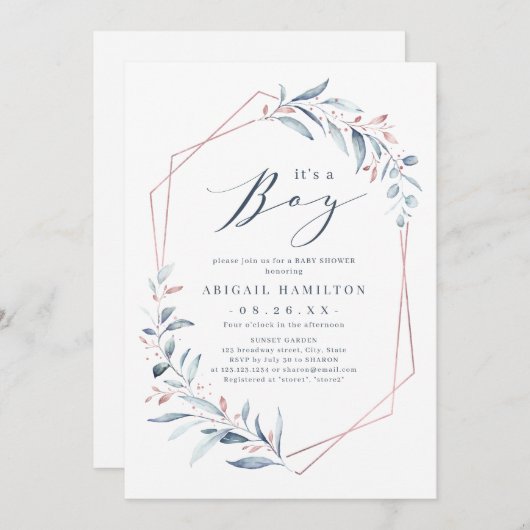 男の子のバラ金ゴールドブルー緑のベビーシャワー 招待状 (正面/裏面)