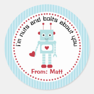 男の子のバレンタインのステッカー(ハートが付いているロボット) ラウンドシール