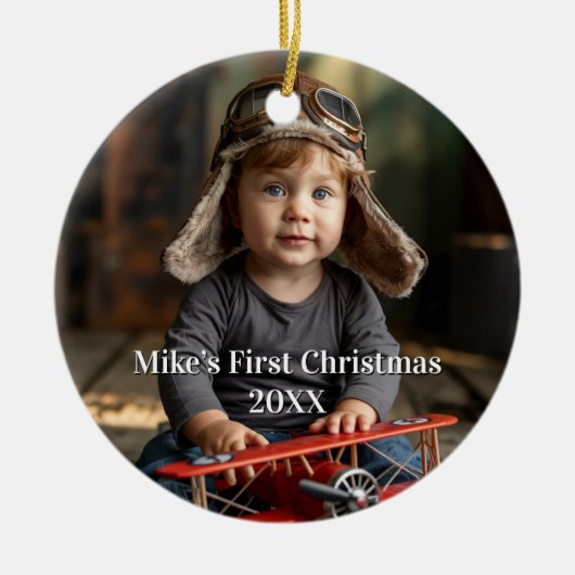 男の子のパイロット飛行機の写真航空かわいいクリスマス セラミックオーナメント (正面)
