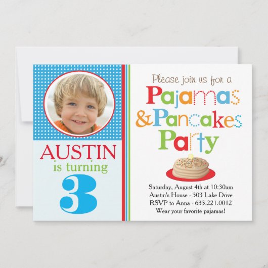 男の子のパンケーキ及びパジャマのパーティの招待状(写真) 招待状 (正面)