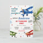 男の子のパーソナルデジタル飛行機 1歳誕生日 招待状 (スタンド正面)
