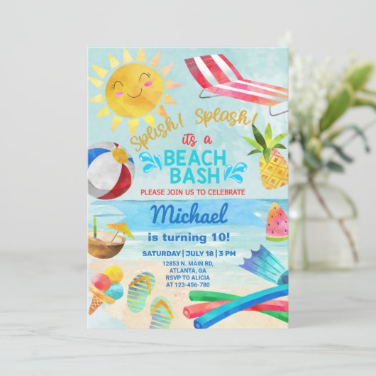 男の子のビーチパーティー、男の子のビーチbash夏の招待状。 招待状 (スタンド正面)