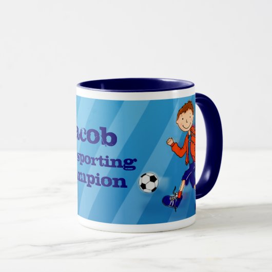 男の子のフットボールのサッカーのチャンピオンのマグの青 マグカップ (正面右)