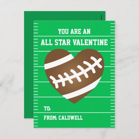 男の子のフットボールのバレンタインの教室交換 シーズンポストカード (正面/裏面)