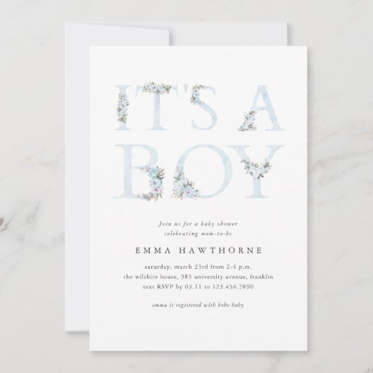 男の子のフローラタイポグラフィ男の子のシャワー 招待状 (正面)